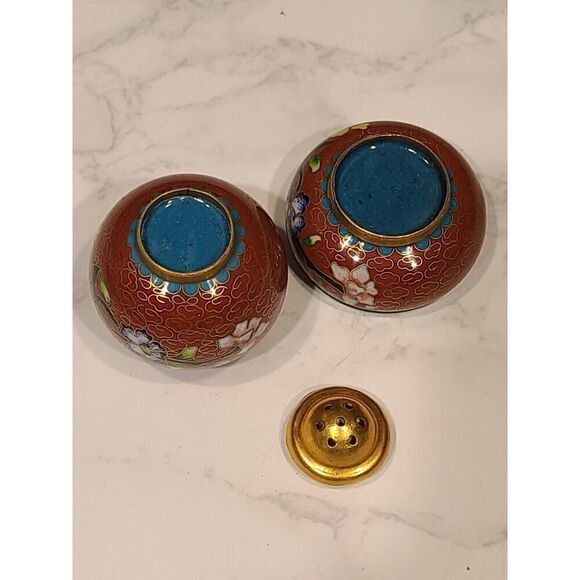 Cloisonné Open Salt Bowl Cellar Pepper Shaker Flower Red Enamel Brass Stacking - Picture 4 of 8